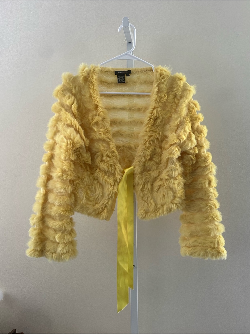BCBG Yellow Faux Fur Cropped Teddy Jacket with Ribbon Tie